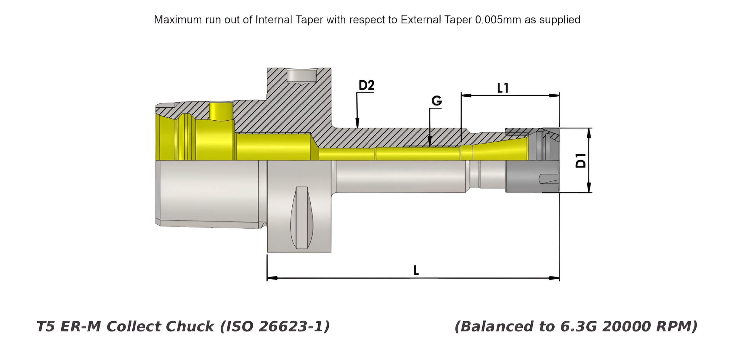 Polygonal Shank T5 ER16M 130 ER Collet Holder (Balanced to G2.5 25000 RPM) (ISO 26623-1) (Compatible with Capto® Style C3)